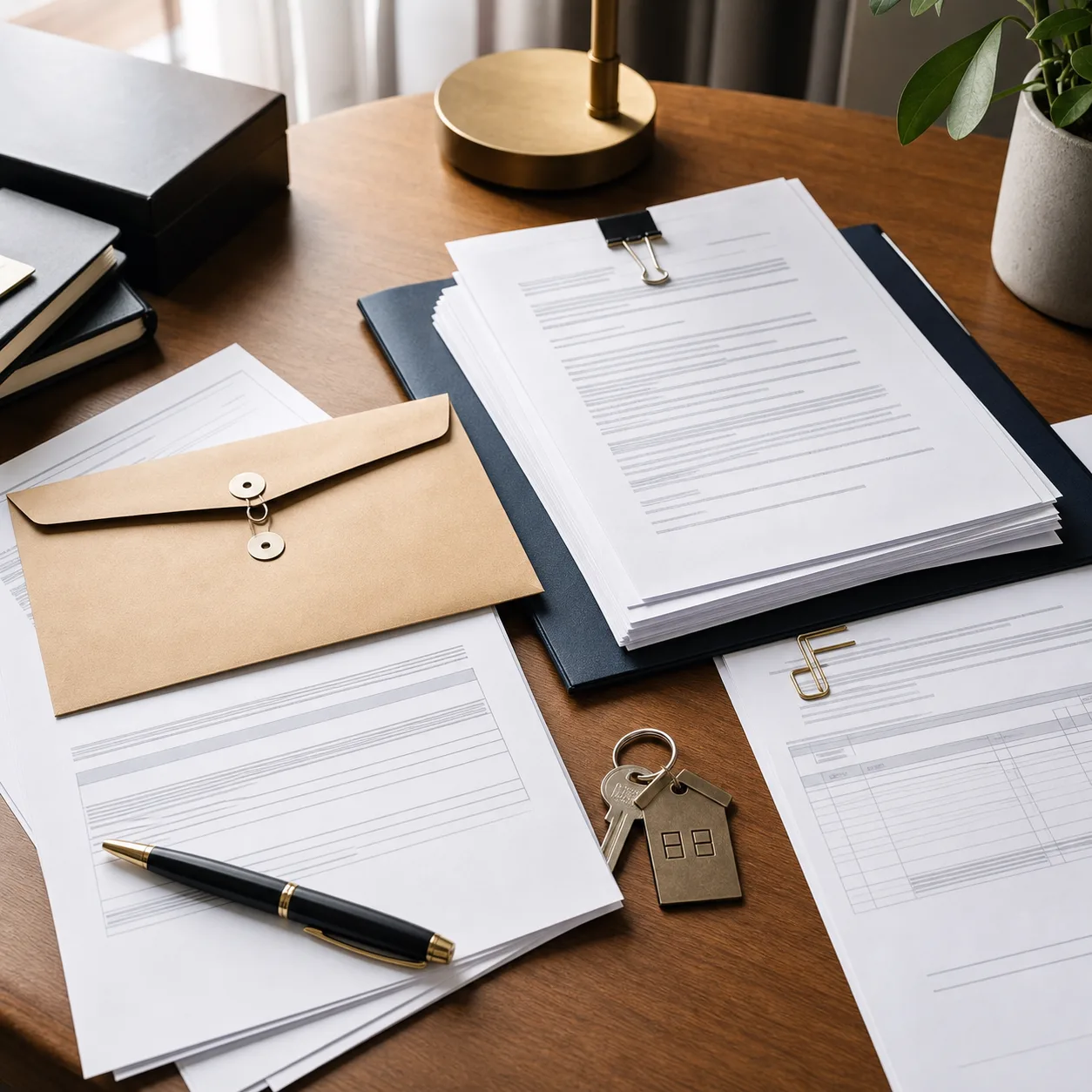 Mortgage documents, envelope, pen, and house keys on a desk