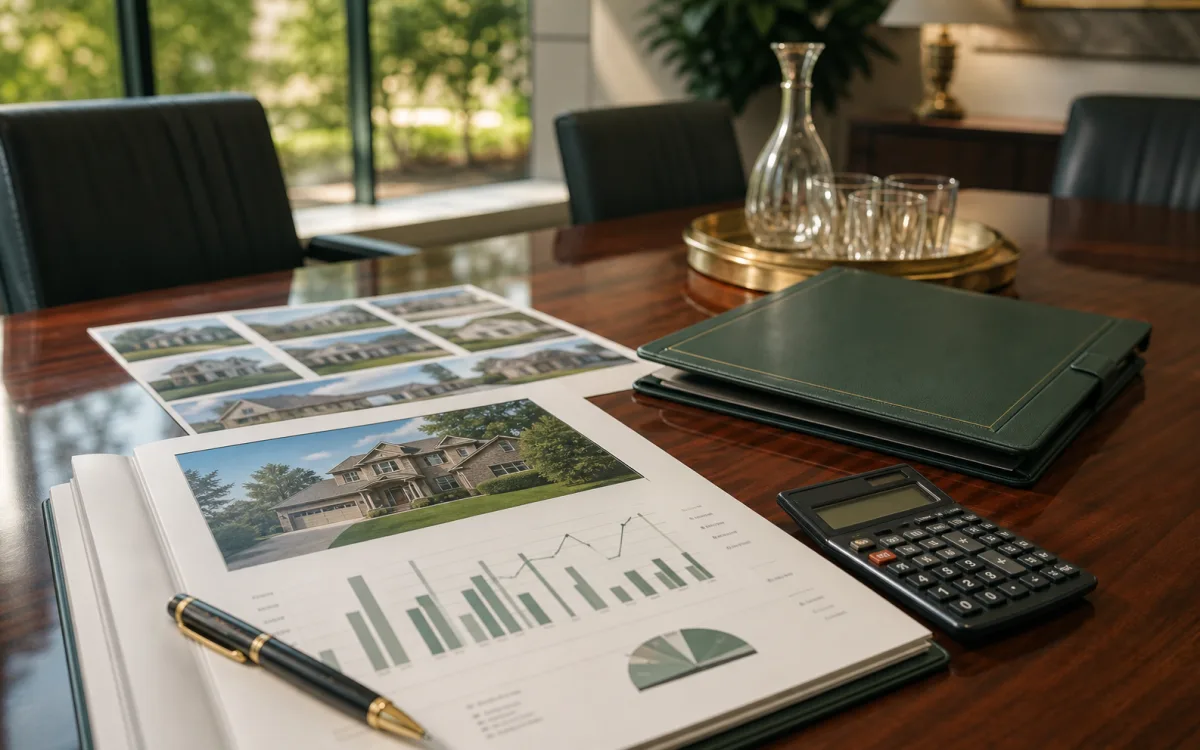 Property valuation papers, calculator, and legal folder on a boardroom table