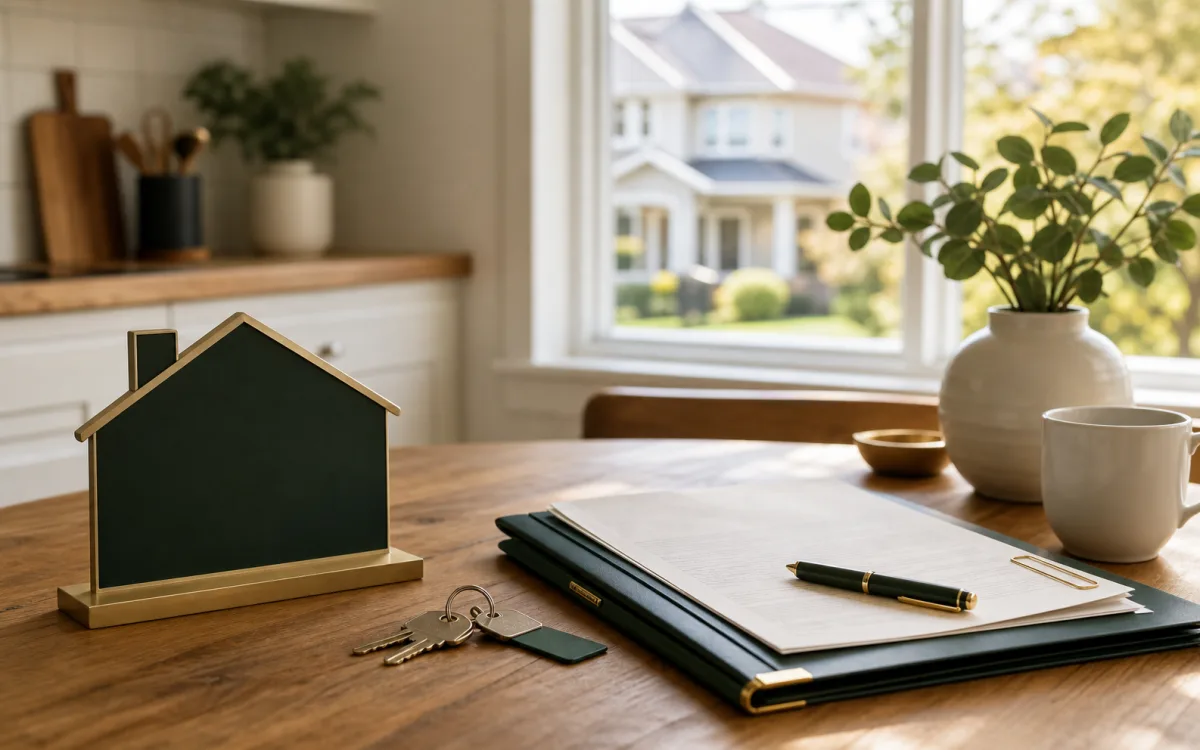 House keys and sale planning documents on a kitchen table