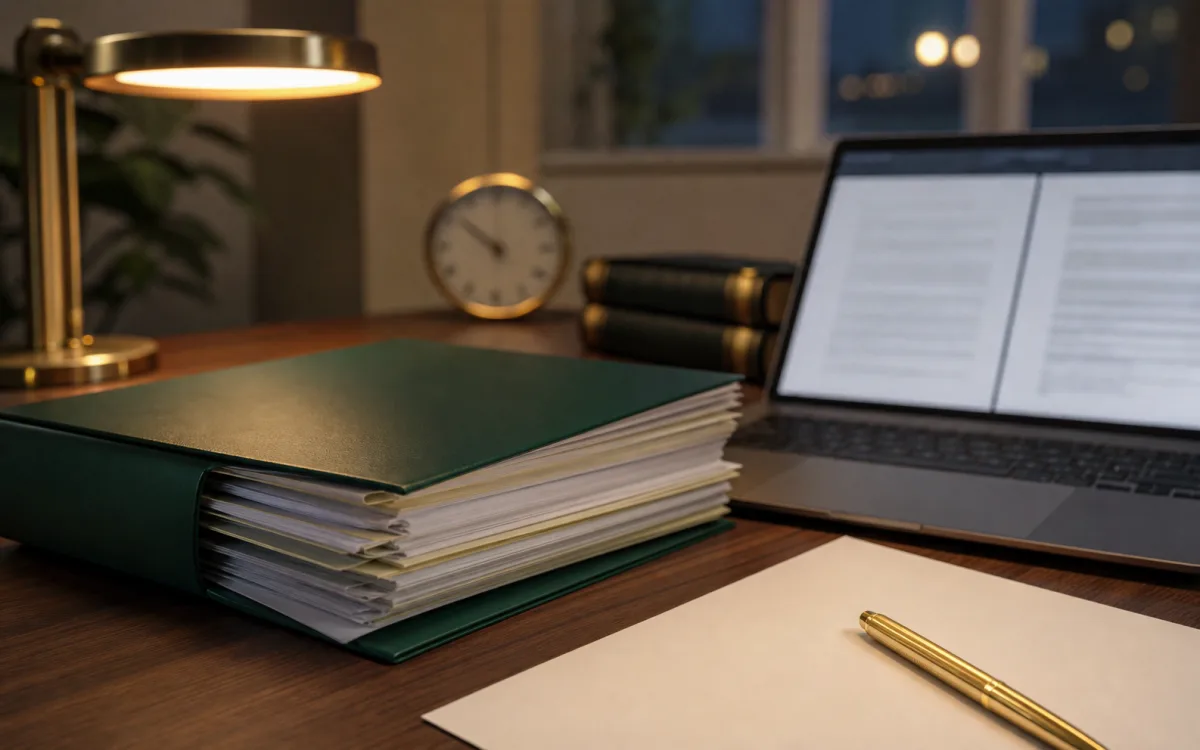 Urgent court materials, laptop, desk lamp, and clock in a legal office