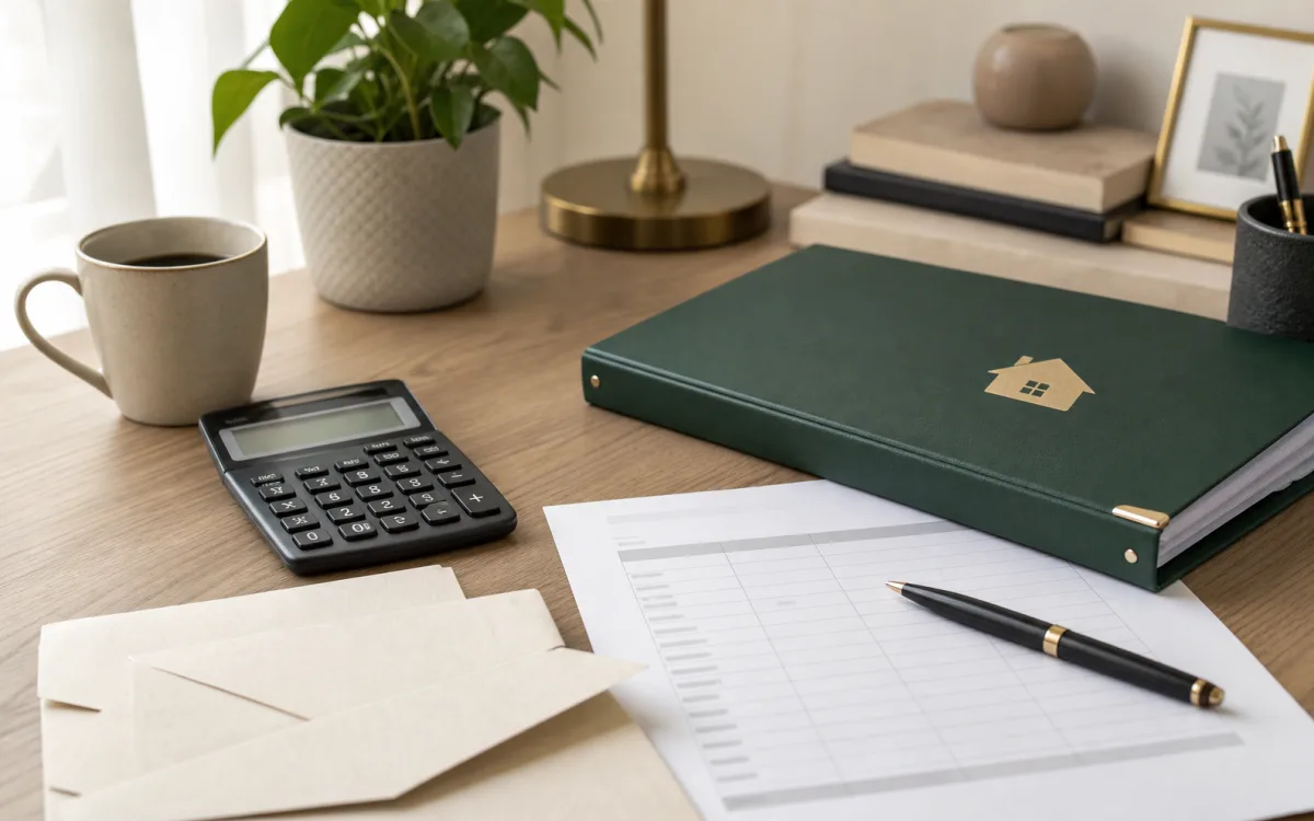 Mortgage arrears papers, calculator, and budget notes on a home office desk