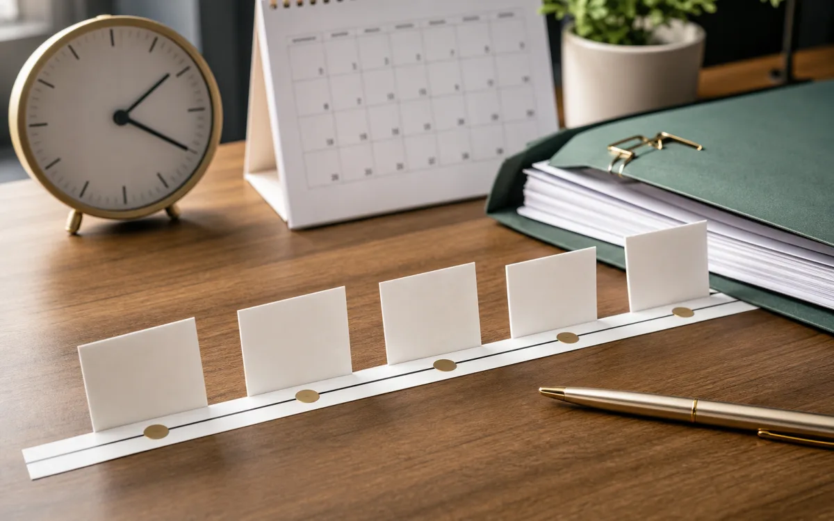 Timeline cards, clock, calendar, and mortgage file arranged for review