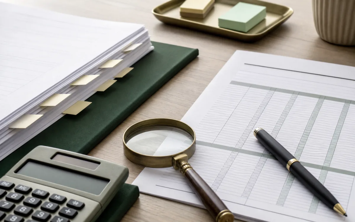 Payout statement bundle, calculator, magnifying glass, and sticky tabs