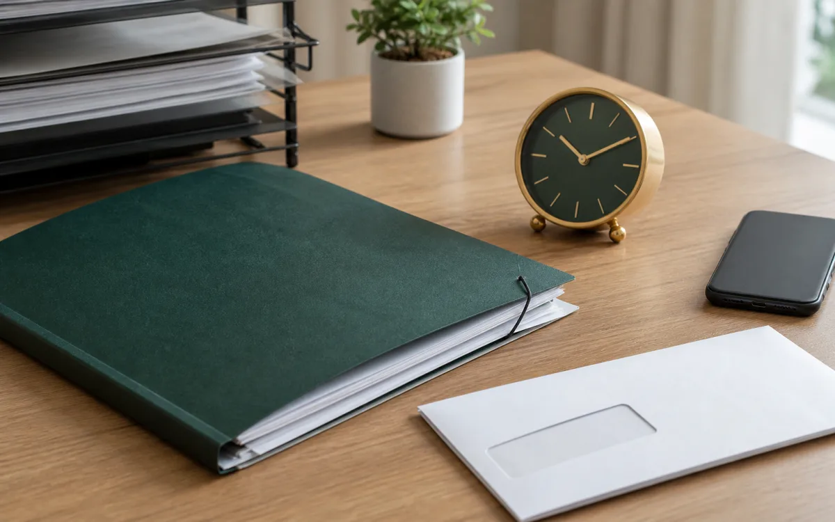 Private mortgage folder, desk clock, envelope, and phone on an office desk