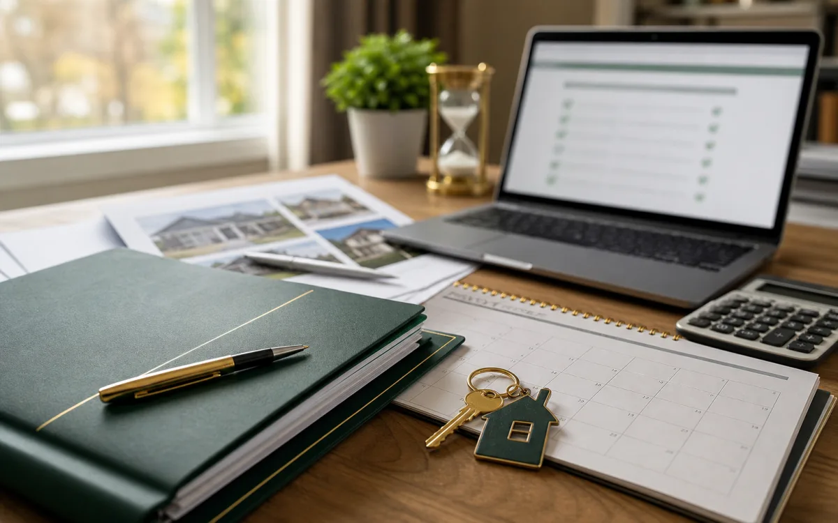 Refinance folder, appraisal photos, laptop, calendar, and house keys