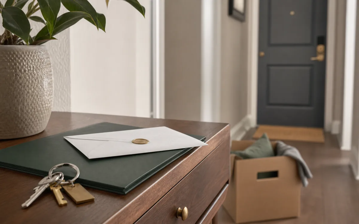 Keys, notice envelope, and moving box near an apartment doorway