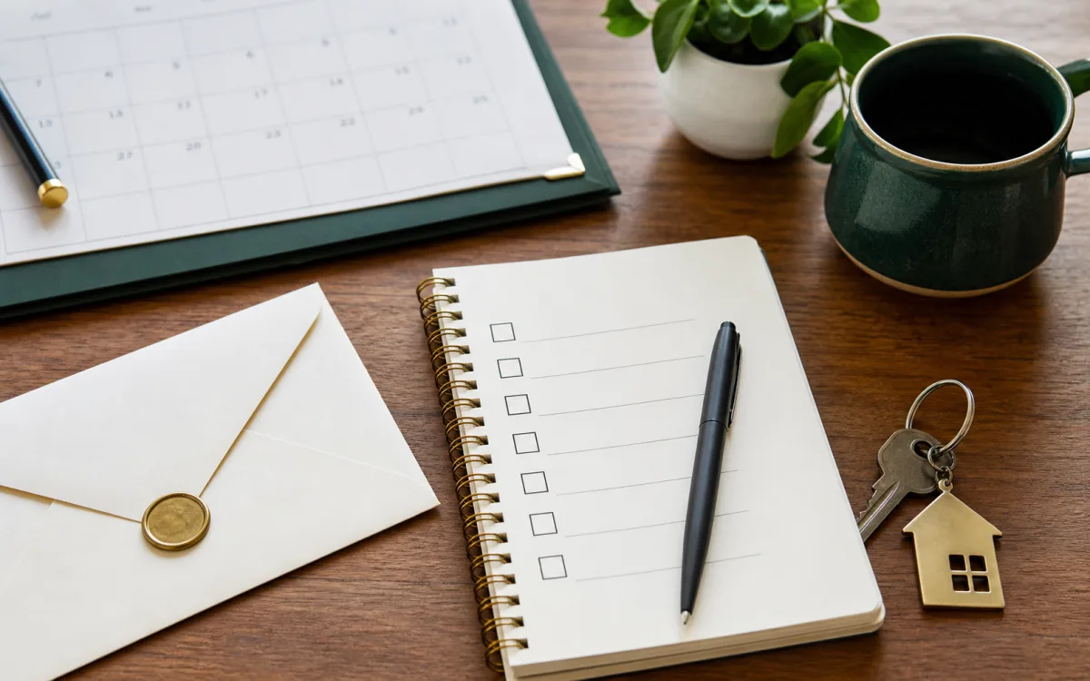 Notice envelope, checklist, calendar, and house keys arranged on a desk