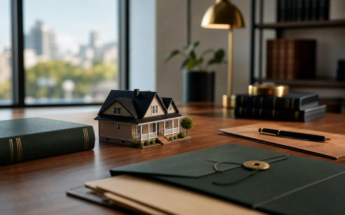 Miniature home, mortgage folder, and legal reference book on an office desk
